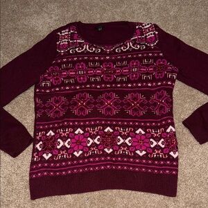 Talbots Burgundy and Pink Holiday Patterned Lambswool Sweater - Medium. B9